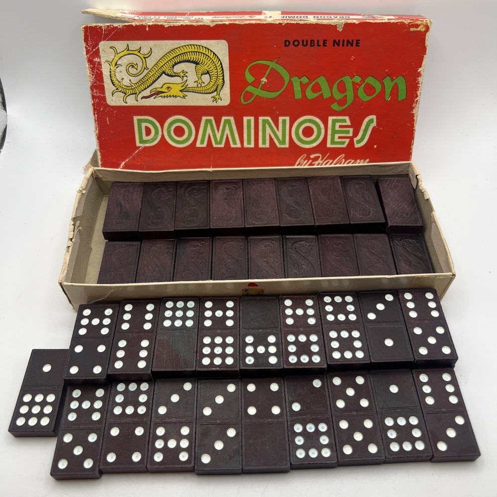 Double Nine Dragon Dominoes by Halsam, Vintage Game -All 55 Pieces Included
